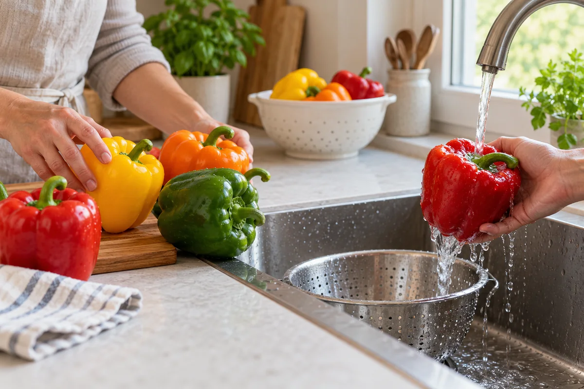 Sound bell peppers being checked and a red pepper rinsed under running water