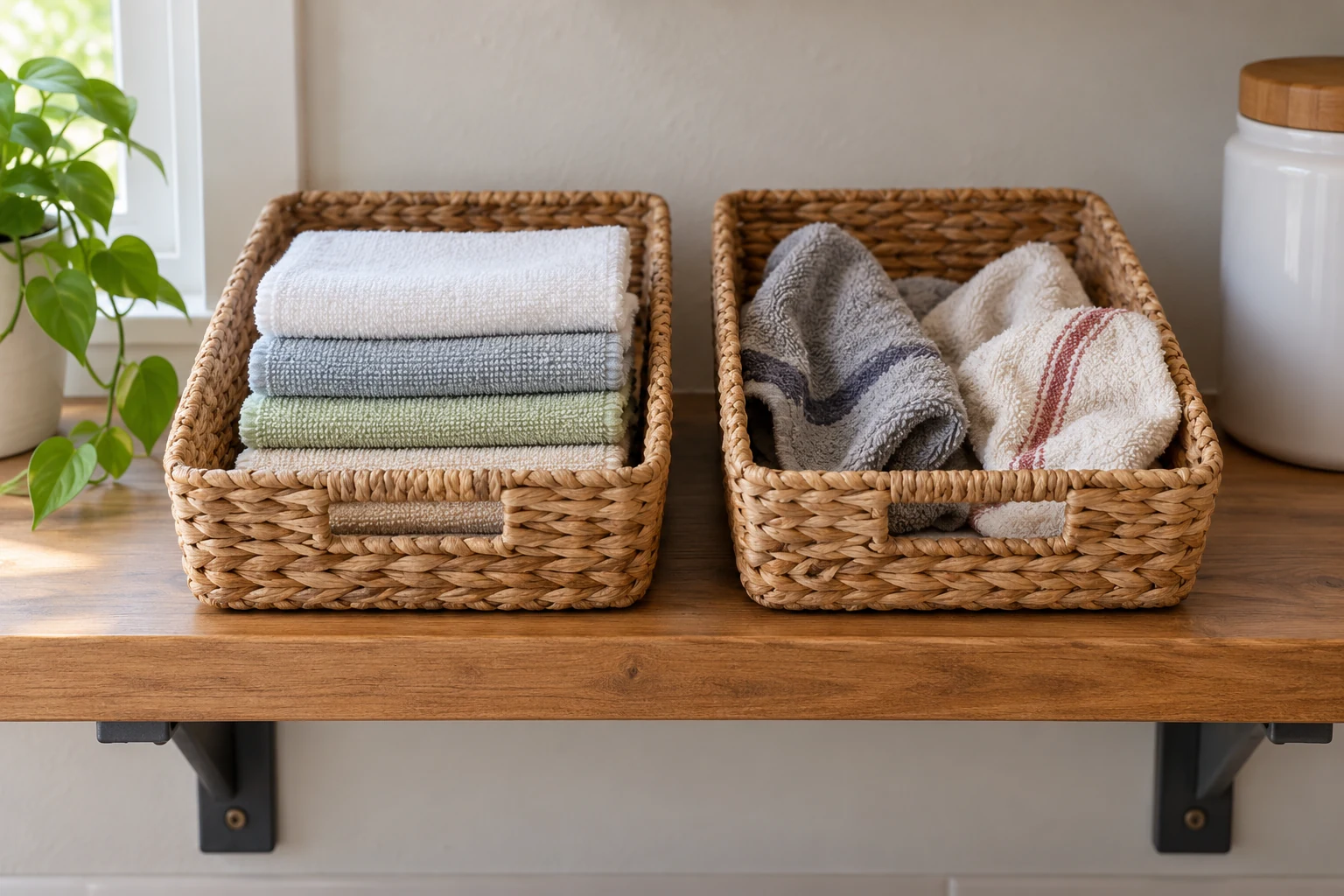 Two separate small reusable baskets on a sturdy shelf, one holding clean folded cotton rags and the other holding used cleaning cloths