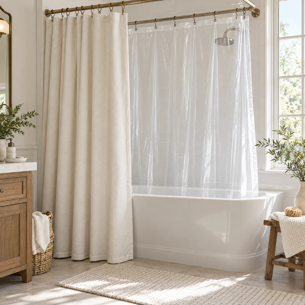 Clean fabric shower curtain and inner liner spread open to dry in a bright bathroom