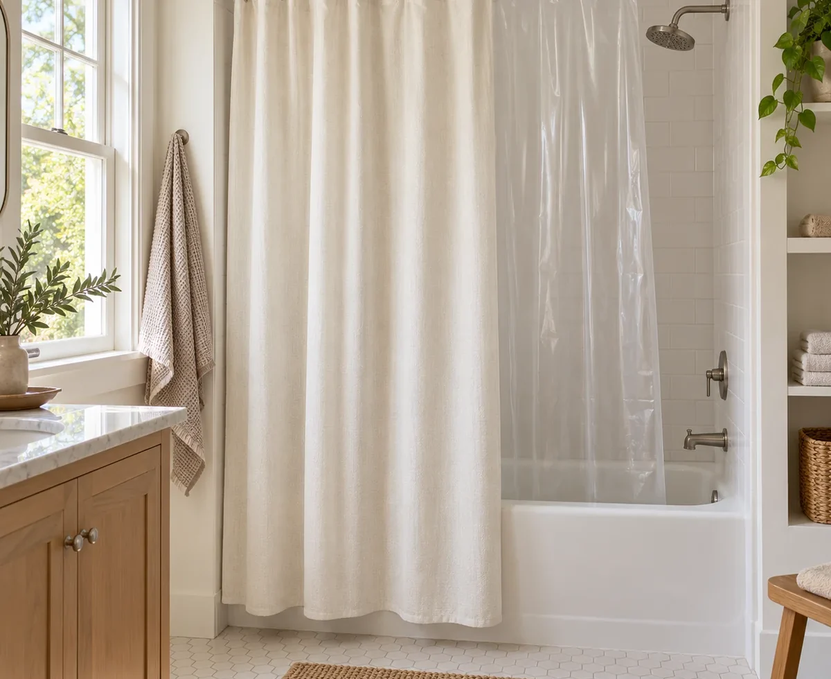 Clean fabric shower curtain and translucent inner liner in a bright bathroom
