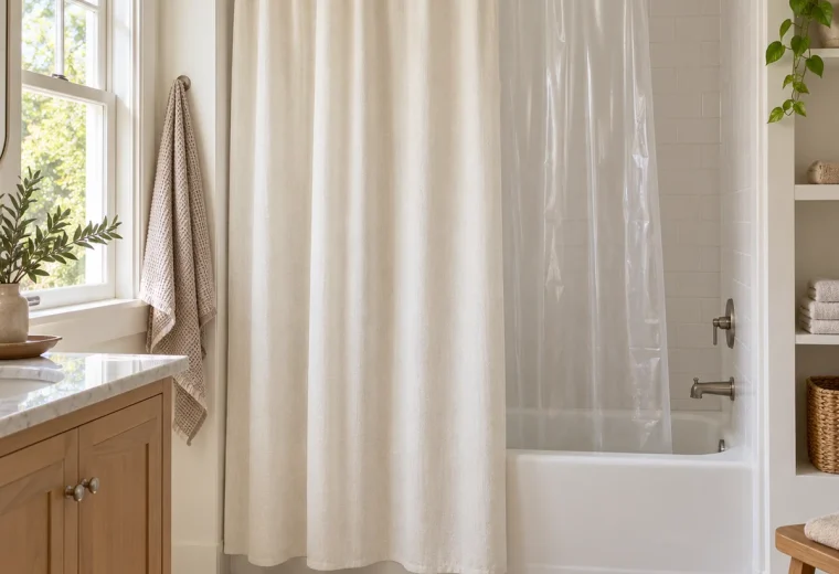Clean fabric shower curtain and translucent inner liner in a bright bathroom