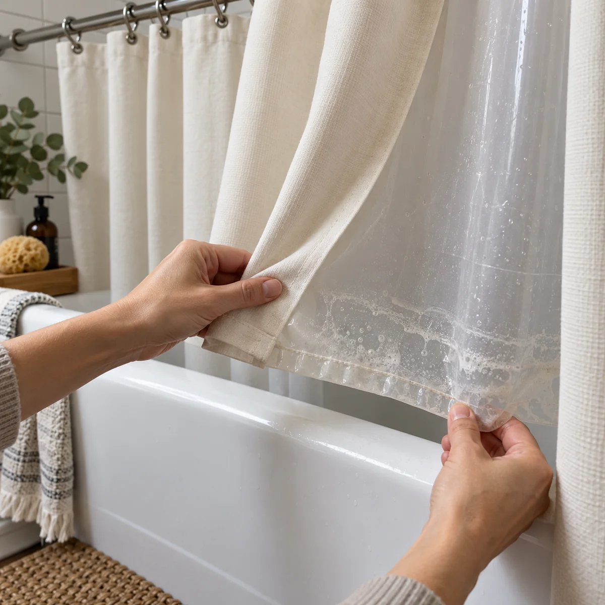 Hands separating a fabric shower curtain from its inner liner to inspect the lower edges
