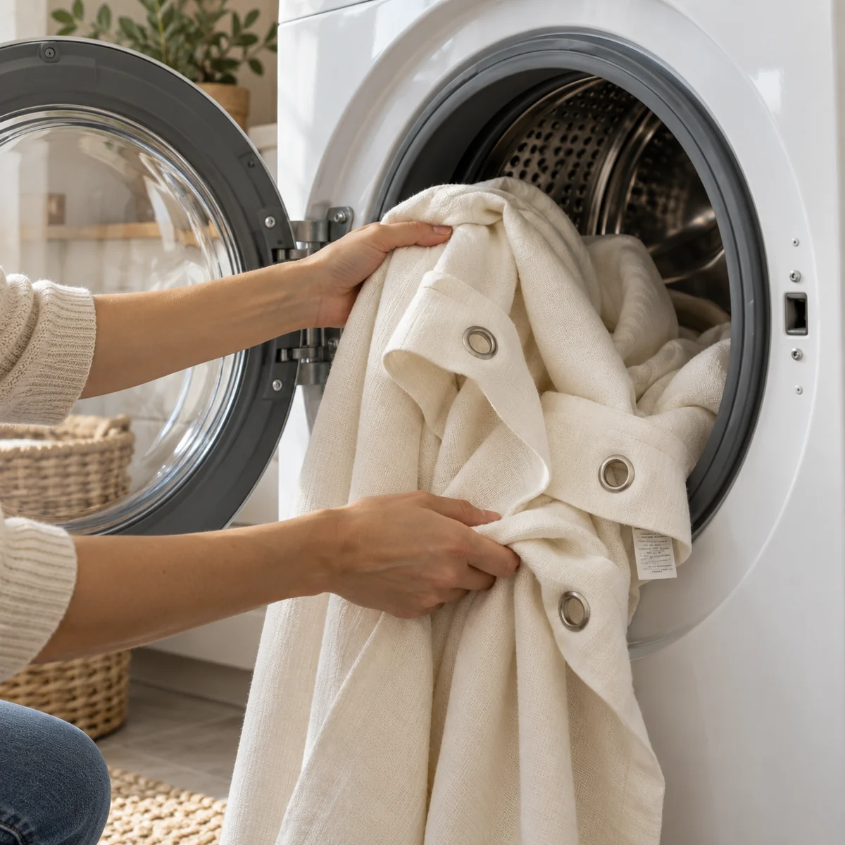 Machine-washable fabric shower curtain being placed in a washing machine