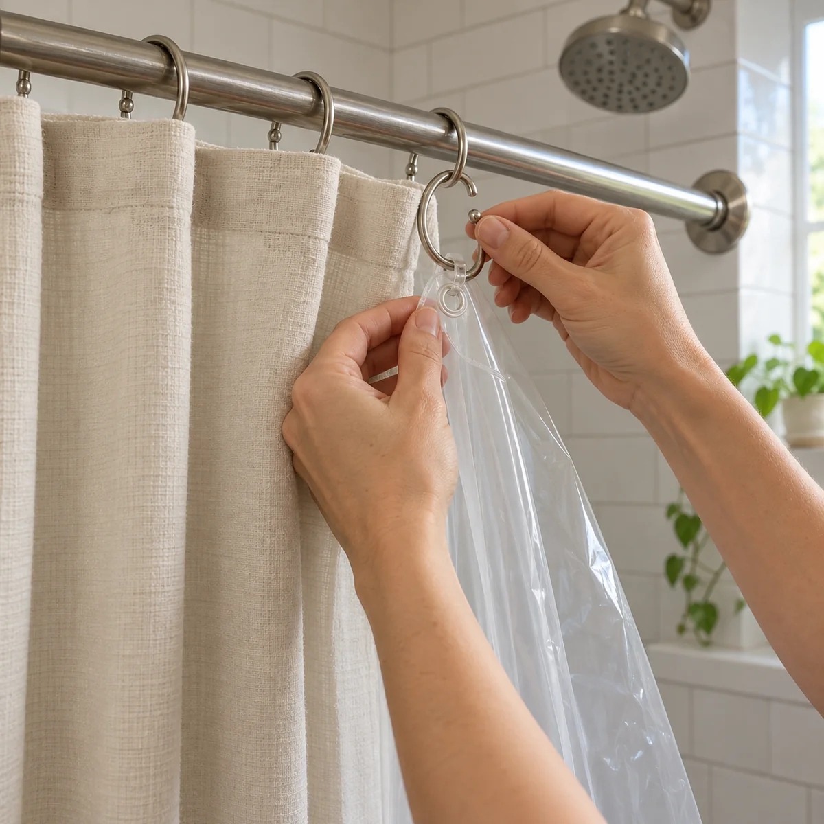 Hands unhooking a shower liner while the fabric curtain remains on the rod