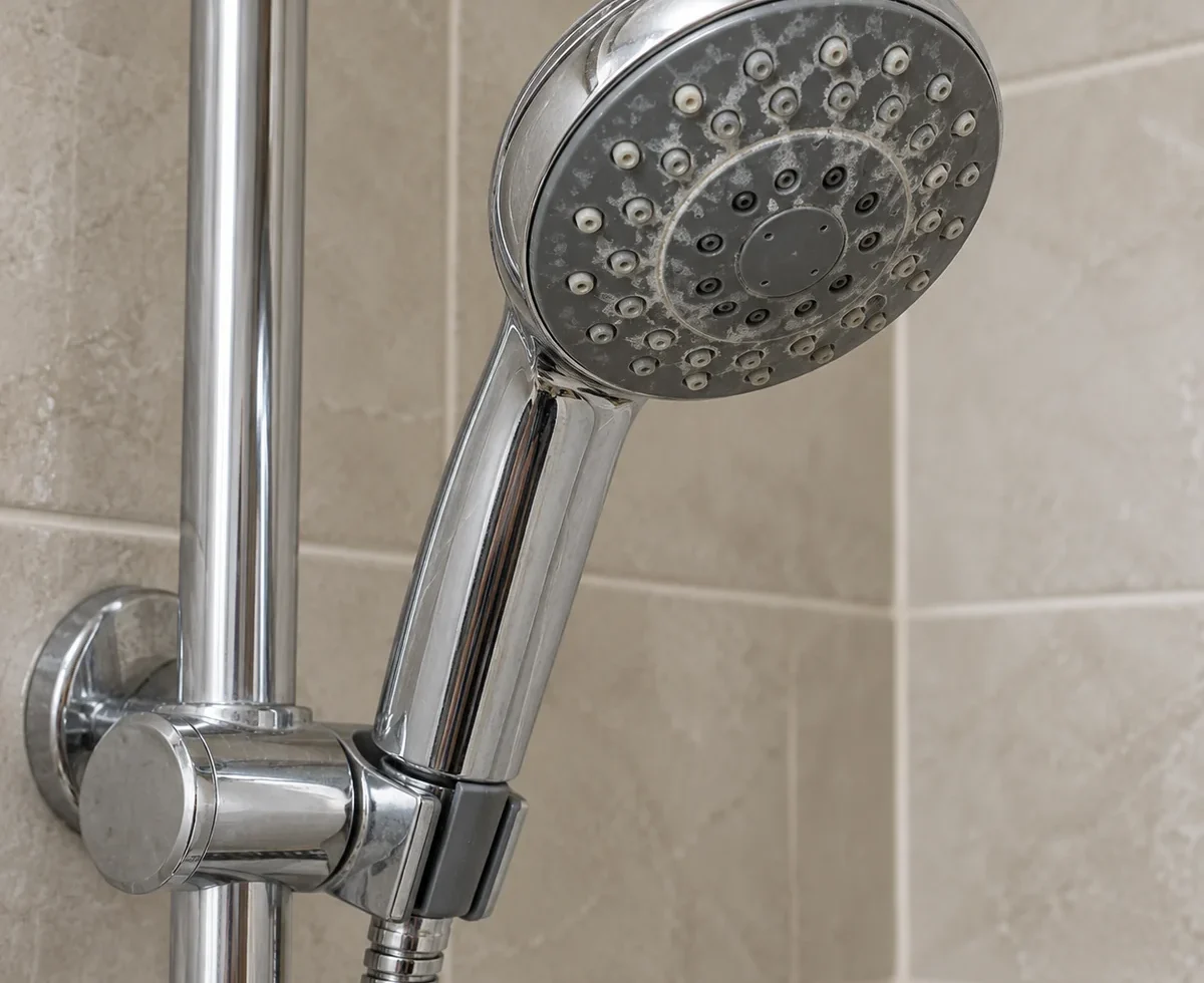 Chrome handheld showerhead with mild mineral buildup on its spray face