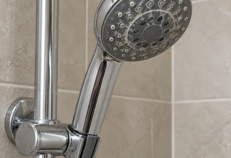 Chrome handheld showerhead with mild mineral buildup on its spray face