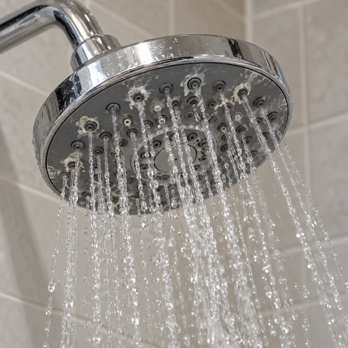 Mineral buildup around showerhead nozzles causing an uneven spray