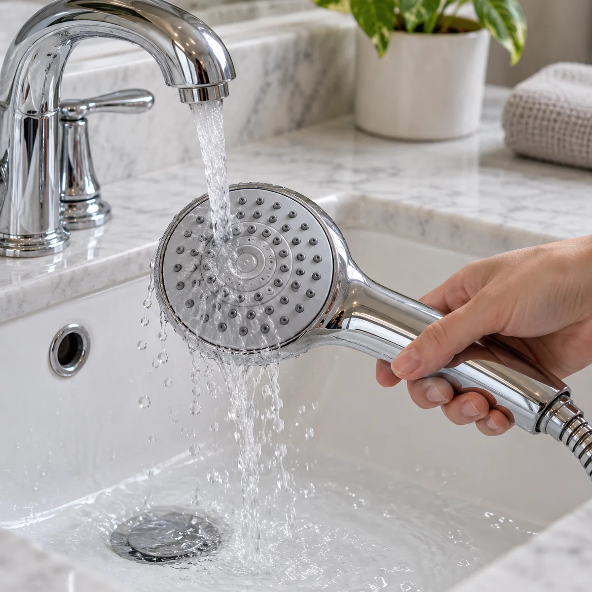 Clean showerhead being rinsed with water after mineral deposit removal