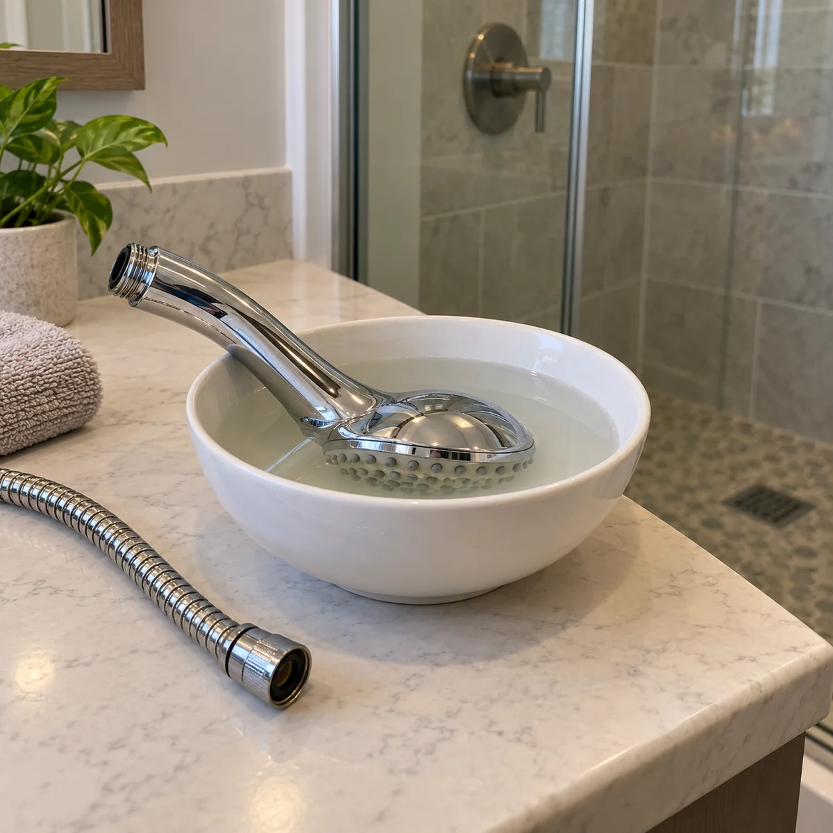 Removable showerhead resting in a shallow bowl of diluted cleaning solution