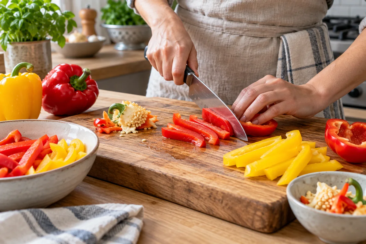 Hands slicing red and yellow bell peppers into strips after removing stems and seeds