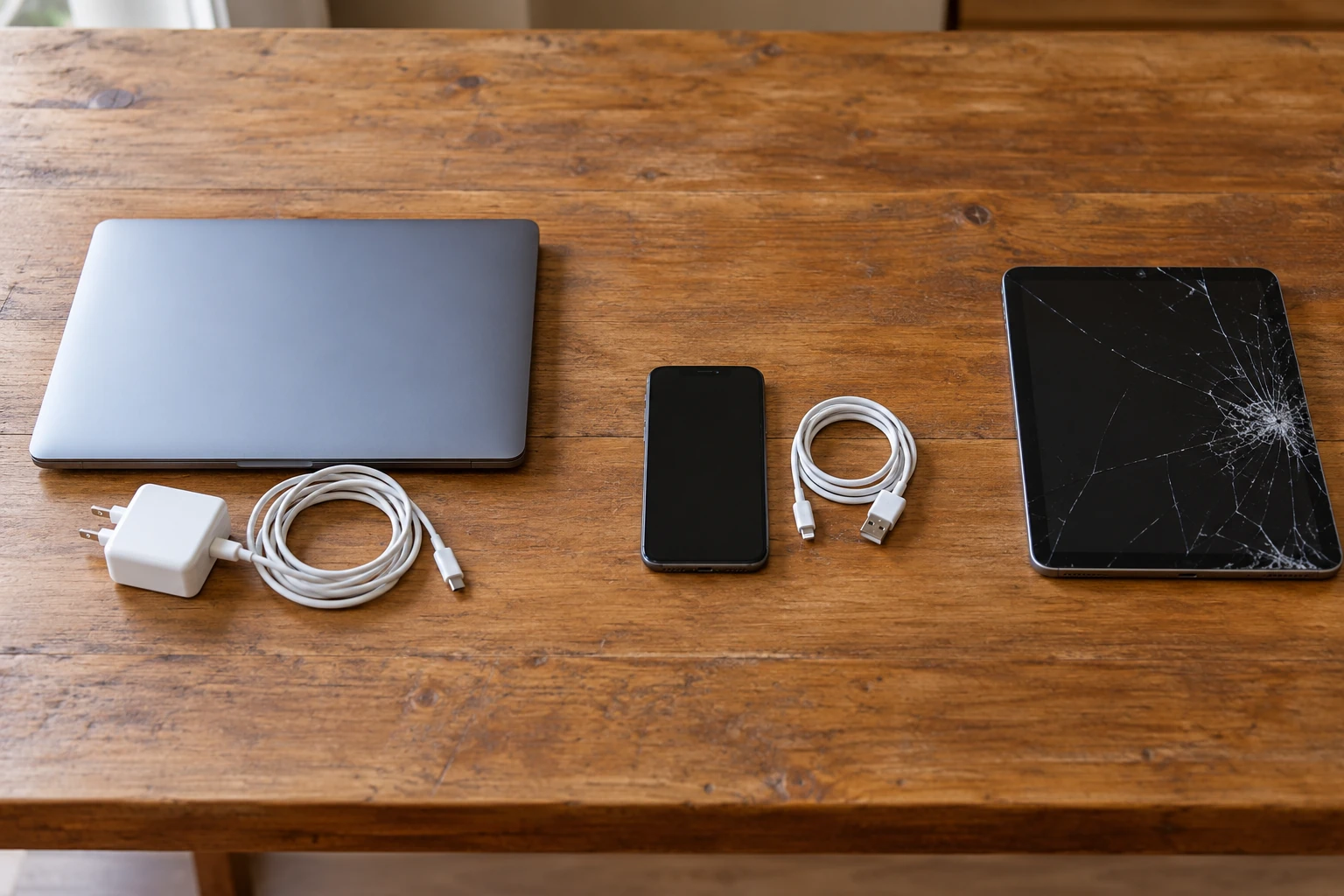 Old laptop, phone and accessories sorted on a solid table for reuse or recycling