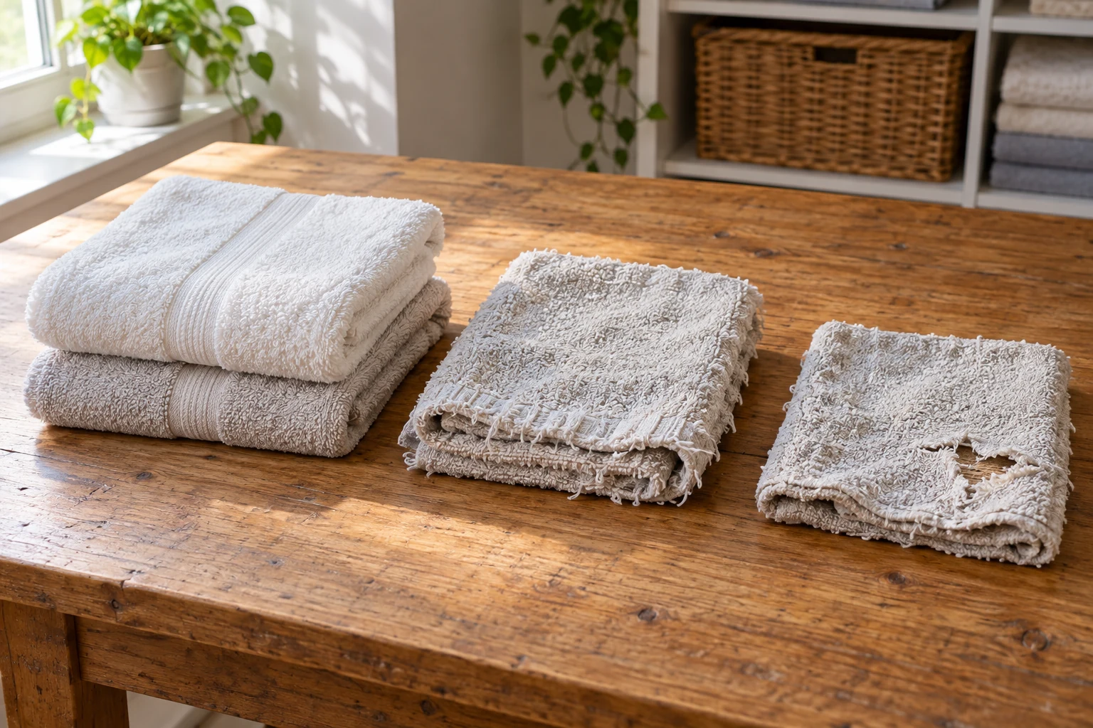 Three small piles of clean cotton towels sorted by condition on a sturdy laundry table