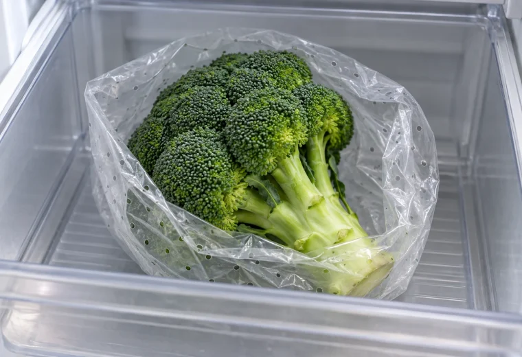 Fresh whole broccoli with attached stem resting in an open perforated produce bag inside a refrigerator crisper