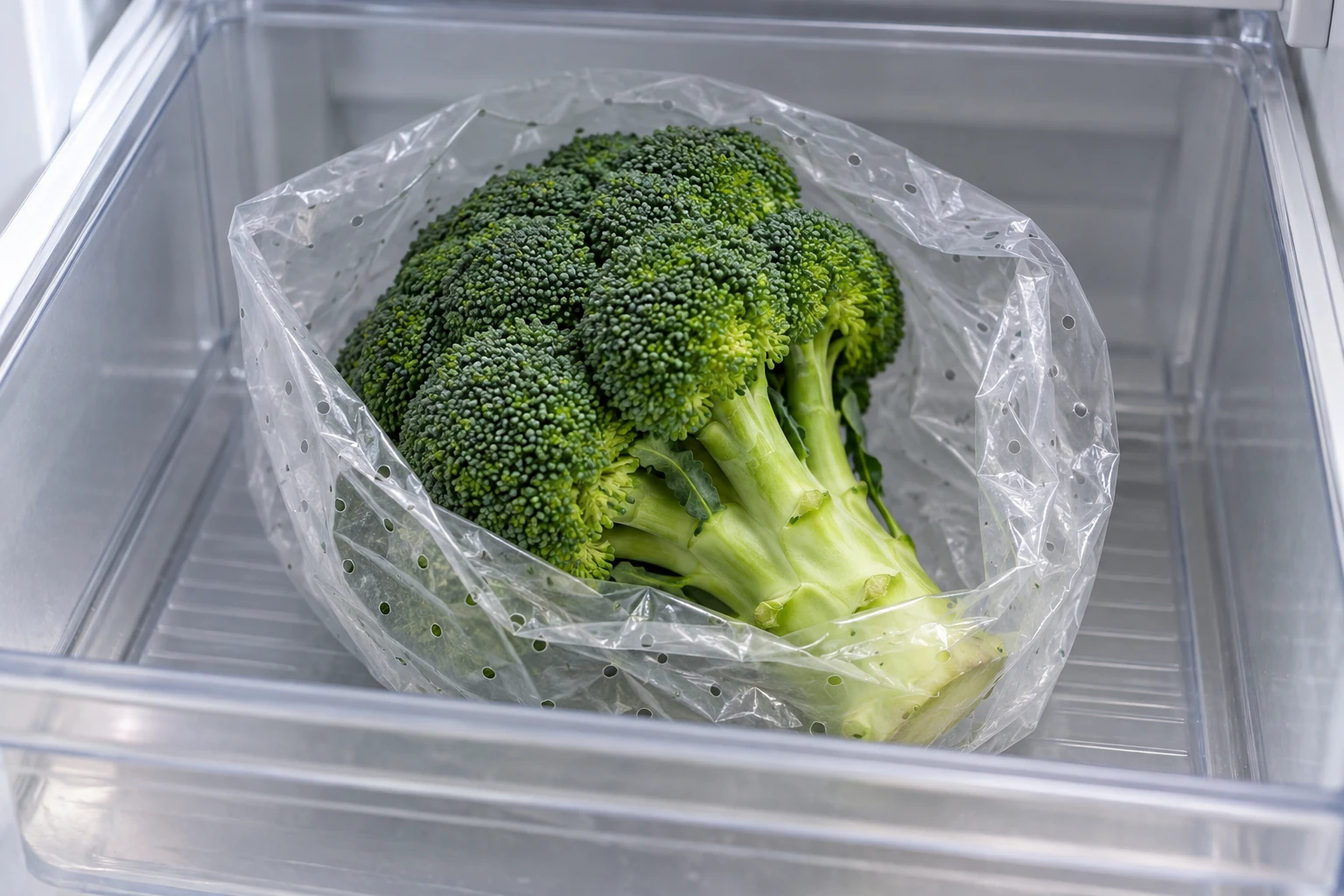 Fresh whole broccoli with attached stem resting in an open perforated produce bag inside a refrigerator crisper