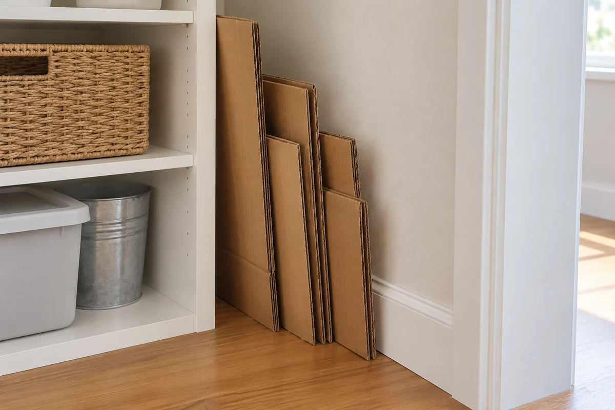 Flattened corrugated boxes standing upright with their bottom edges on a closet floor and backs against a wall