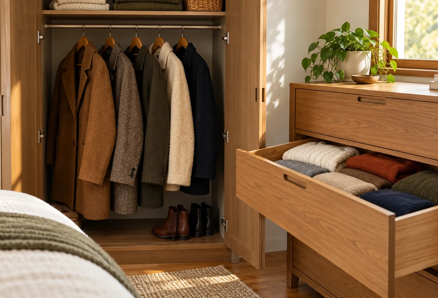 Seasonal coats hanging in an existing wardrobe beside folded sweaters in a supported dresser drawer