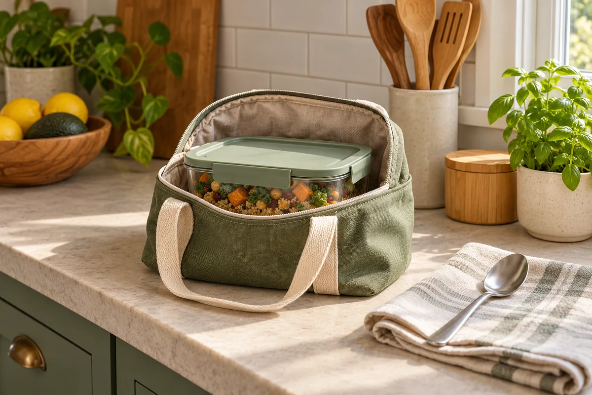 Closed reusable food container supported inside an open lunch tote on a countertop