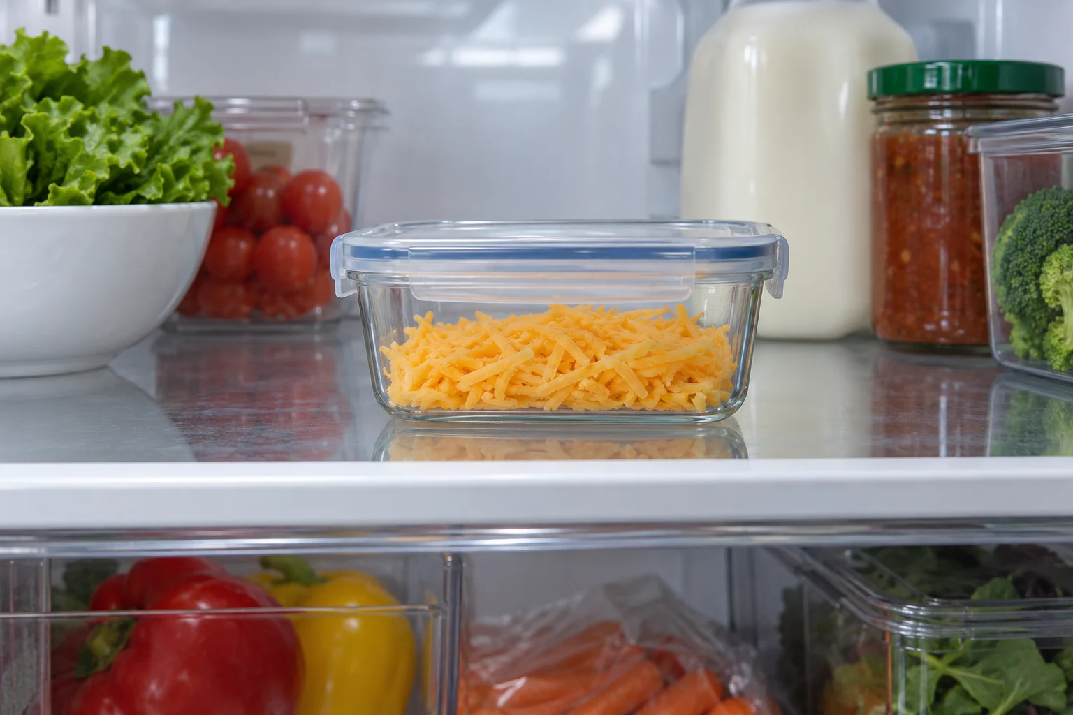 Closed container of grated cheese thawing on a clean refrigerator shelf away from raw foods