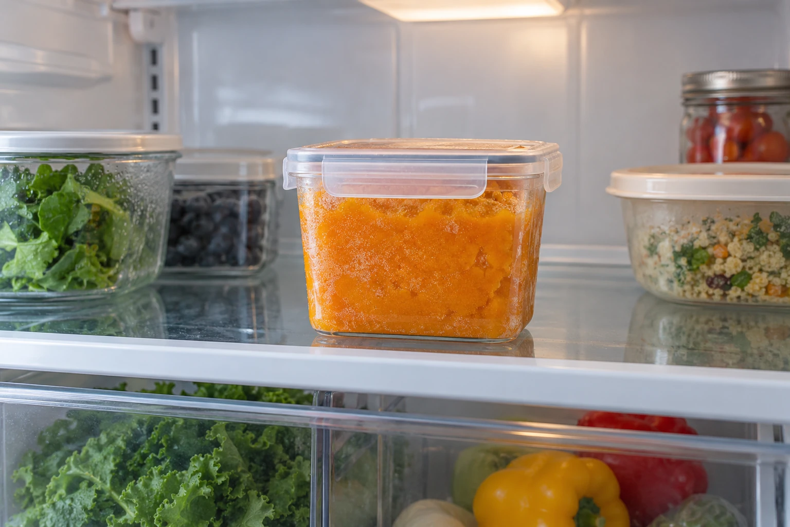 Sealed container of frozen pumpkin purée resting upright on a refrigerator shelf
