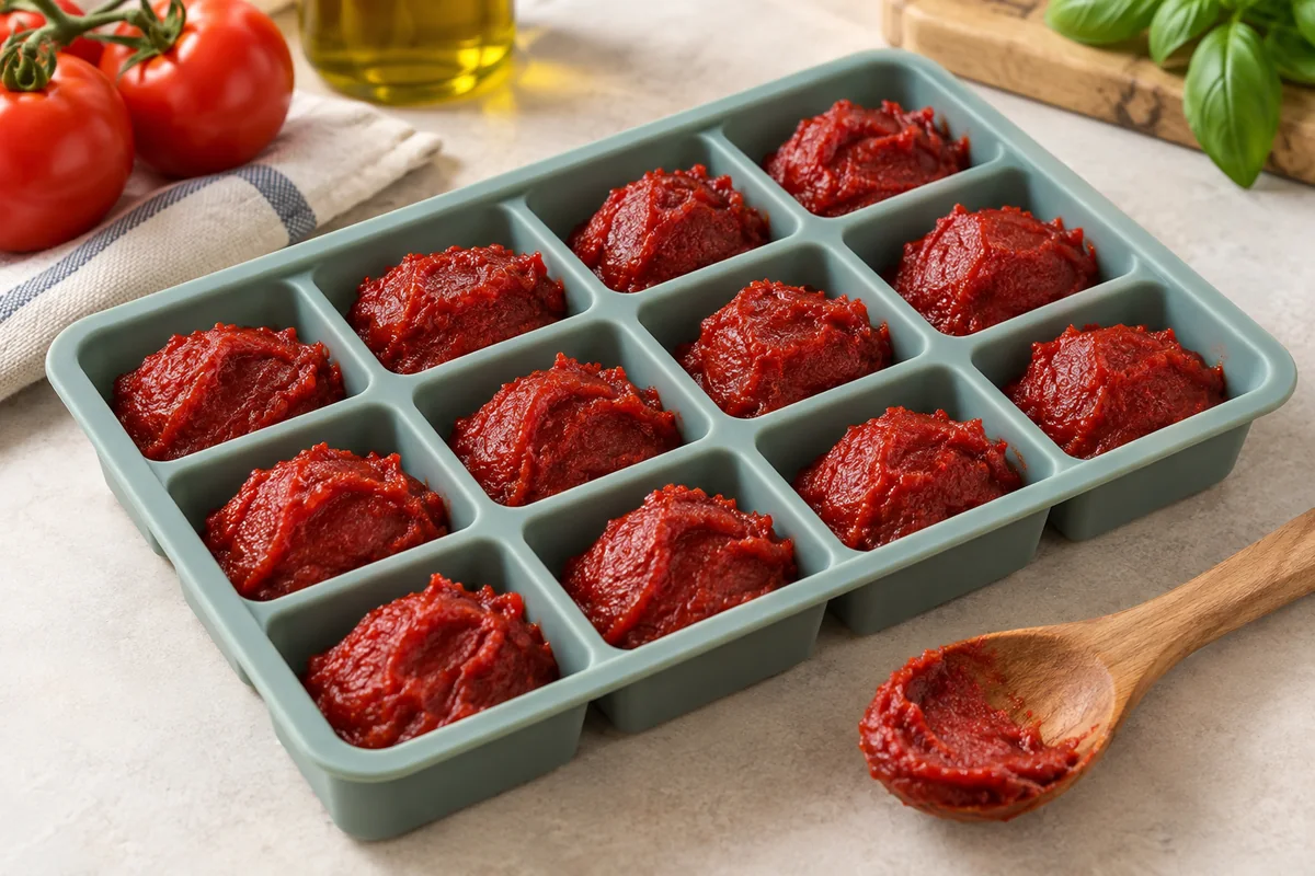 Separate tablespoon-size tomato paste portions in a reusable silicone tray