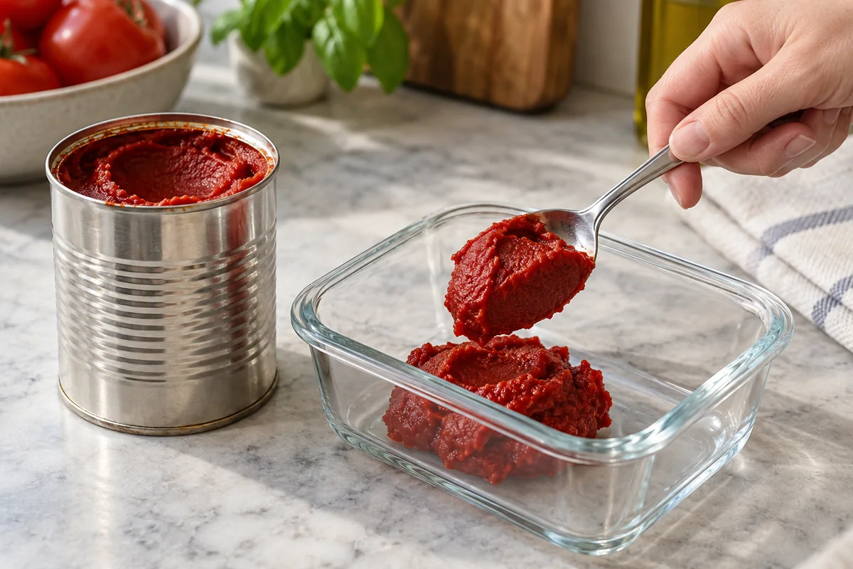 Clean tablespoon portioning extra tomato paste from an opened can