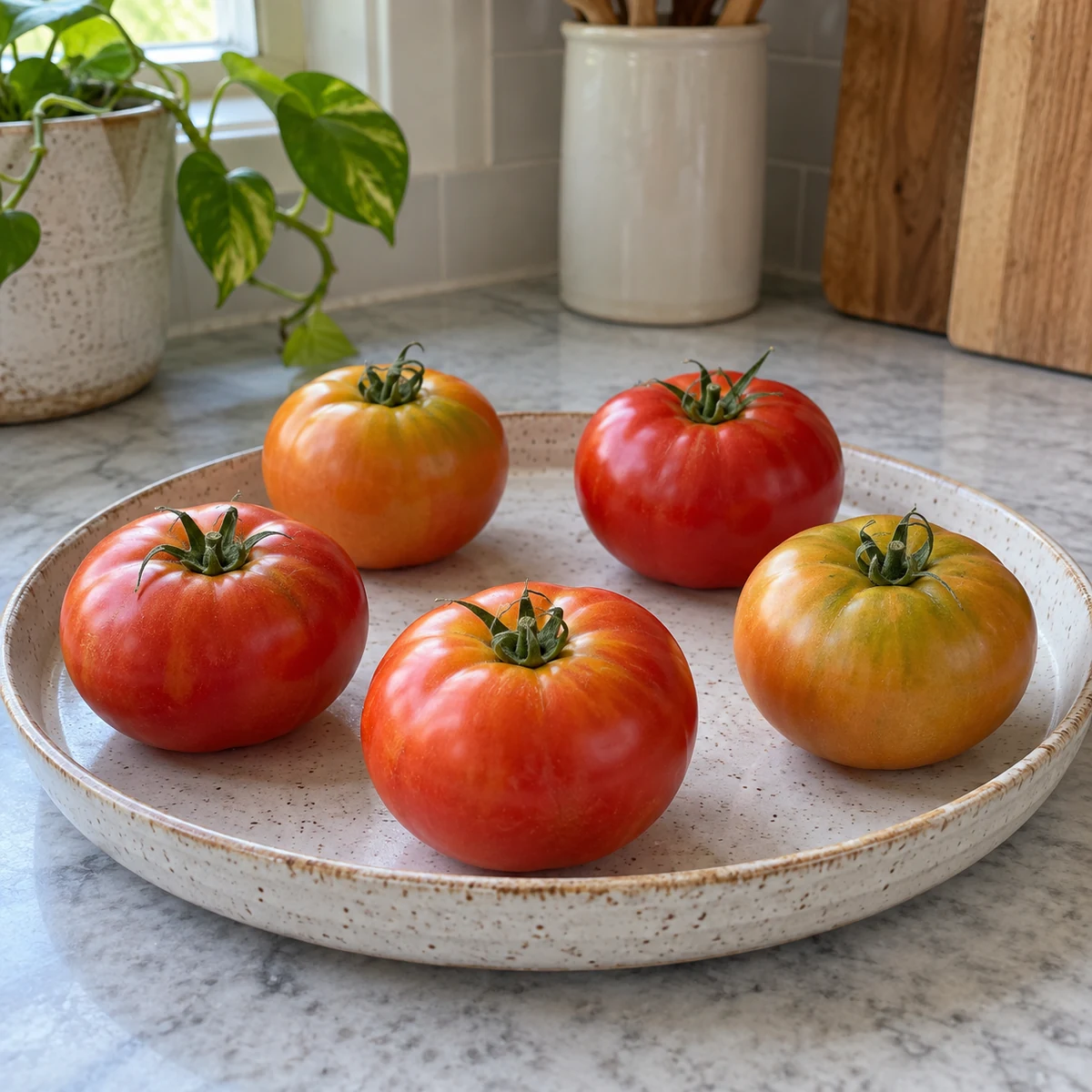 Whole ripening tomatoes spaced in one layer on a shallow tray away from direct sunlight