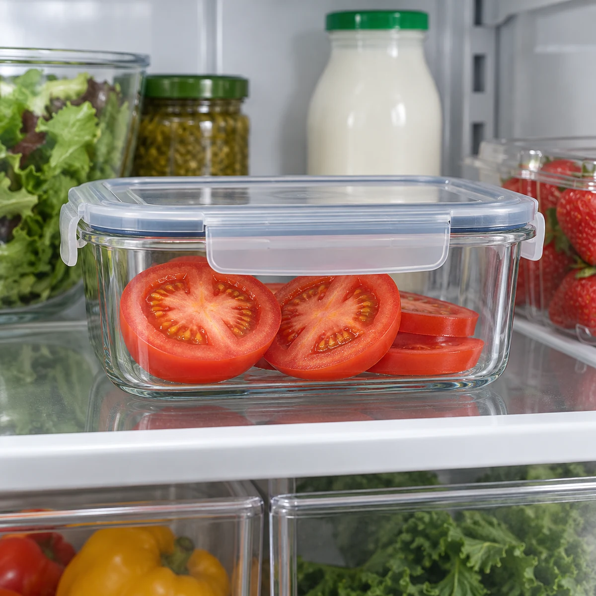 Cut tomato pieces in a clean covered glass container in a refrigerator