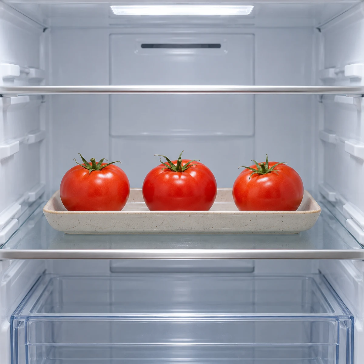 Whole ripe tomatoes in a shallow container on a refrigerator shelf for short-term storage