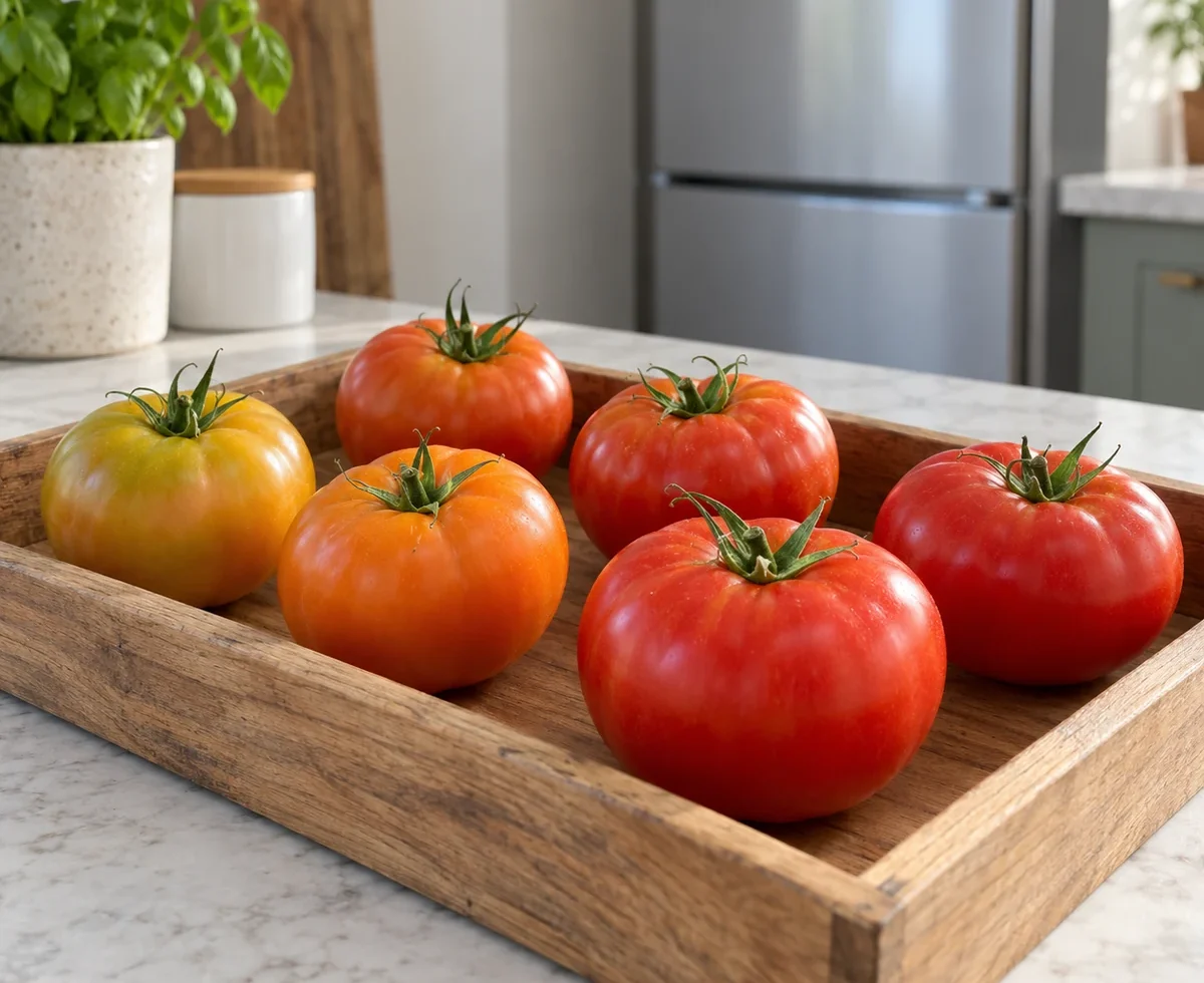 Whole tomatoes at different stages of ripeness in a shallow kitchen tray