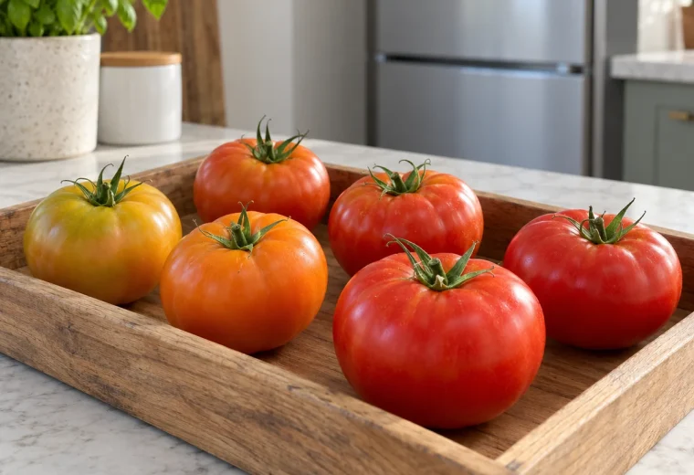 Whole tomatoes at different stages of ripeness in a shallow kitchen tray