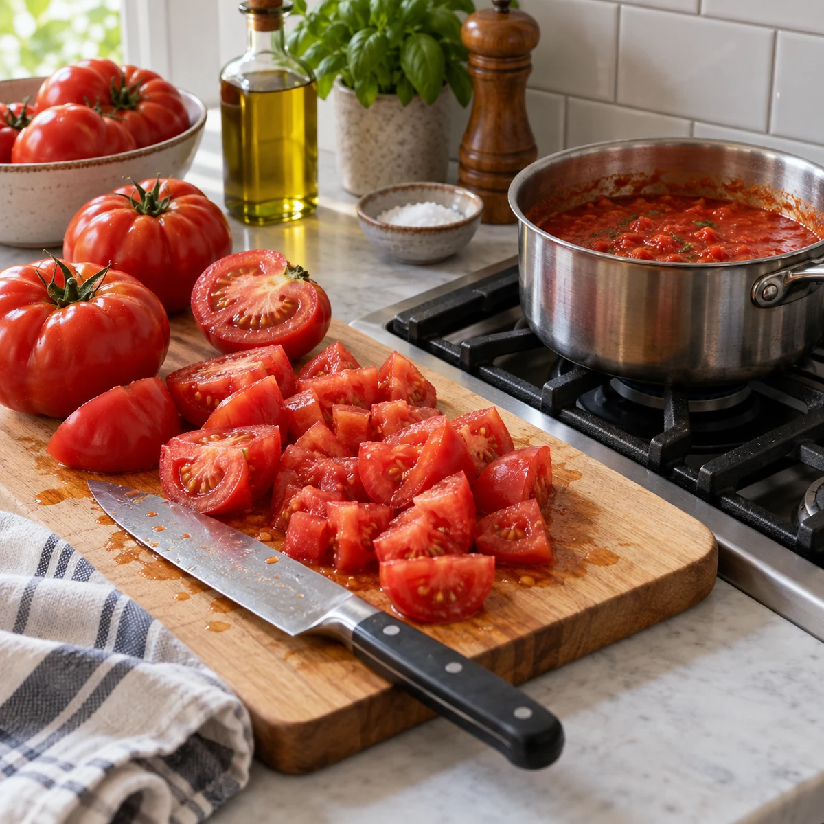 Sound very ripe tomatoes chopped beside a small pan of simple cooked tomato sauce