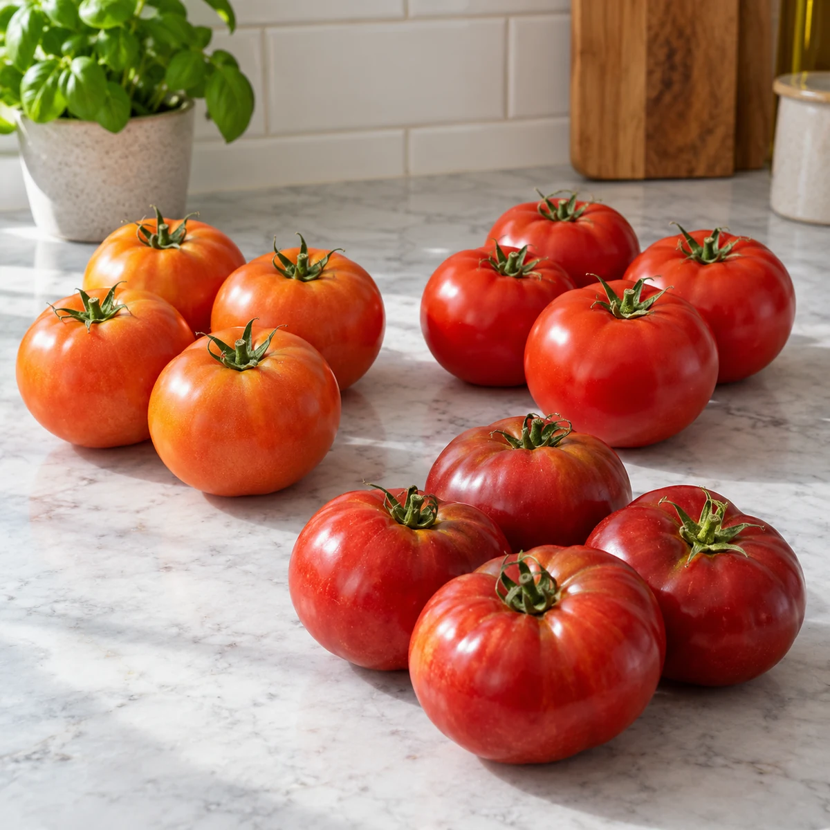 Whole tomatoes sorted by ripeness on a clean kitchen counter