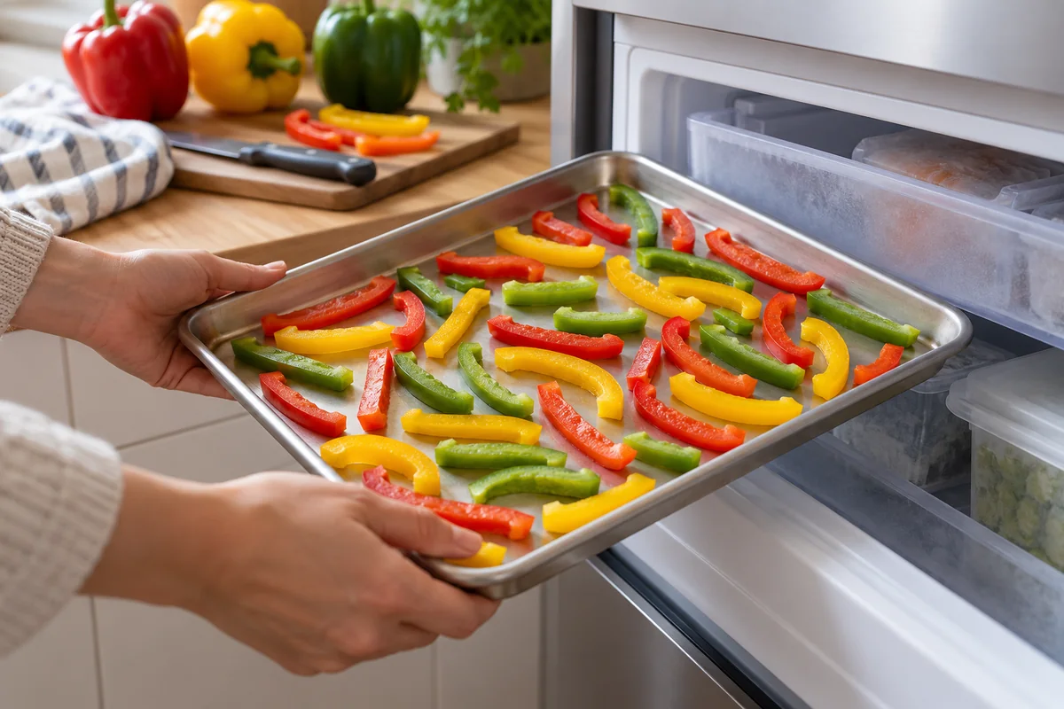 Red yellow and green bell pepper strips spaced in one layer on a reusable metal tray