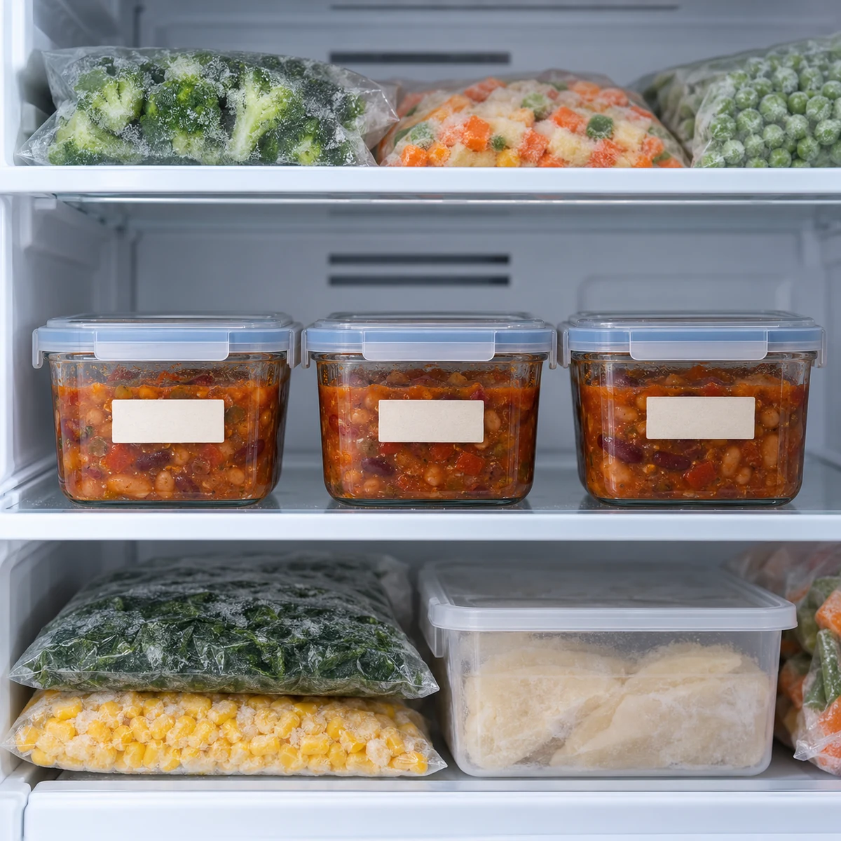Reusable freezer containers holding planned portions of a bulk purchase with simple date labels