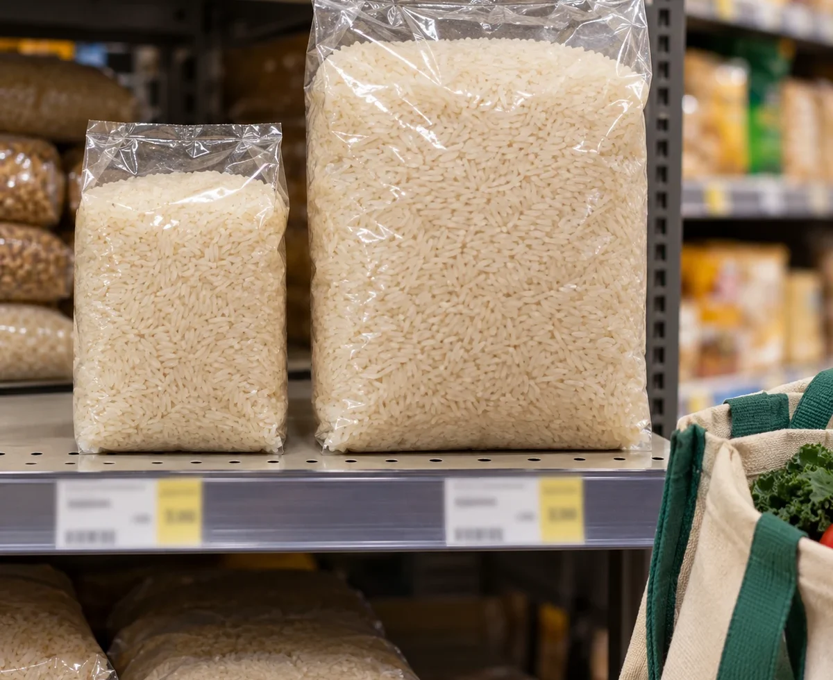 Small and large packages of the same dry staple on a grocery shelf
