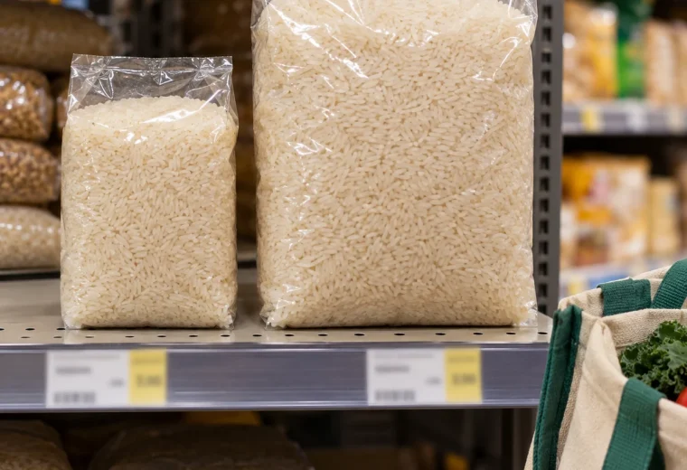 Small and large packages of the same dry staple on a grocery shelf