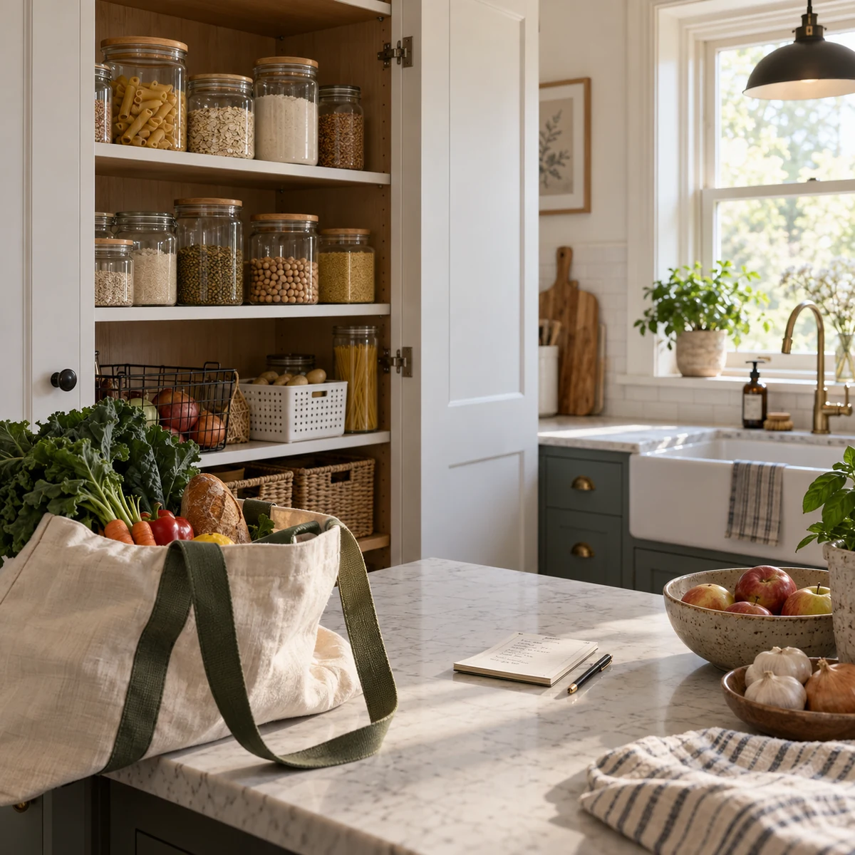 Shopper checking existing pantry staples against a short grocery list before buying more