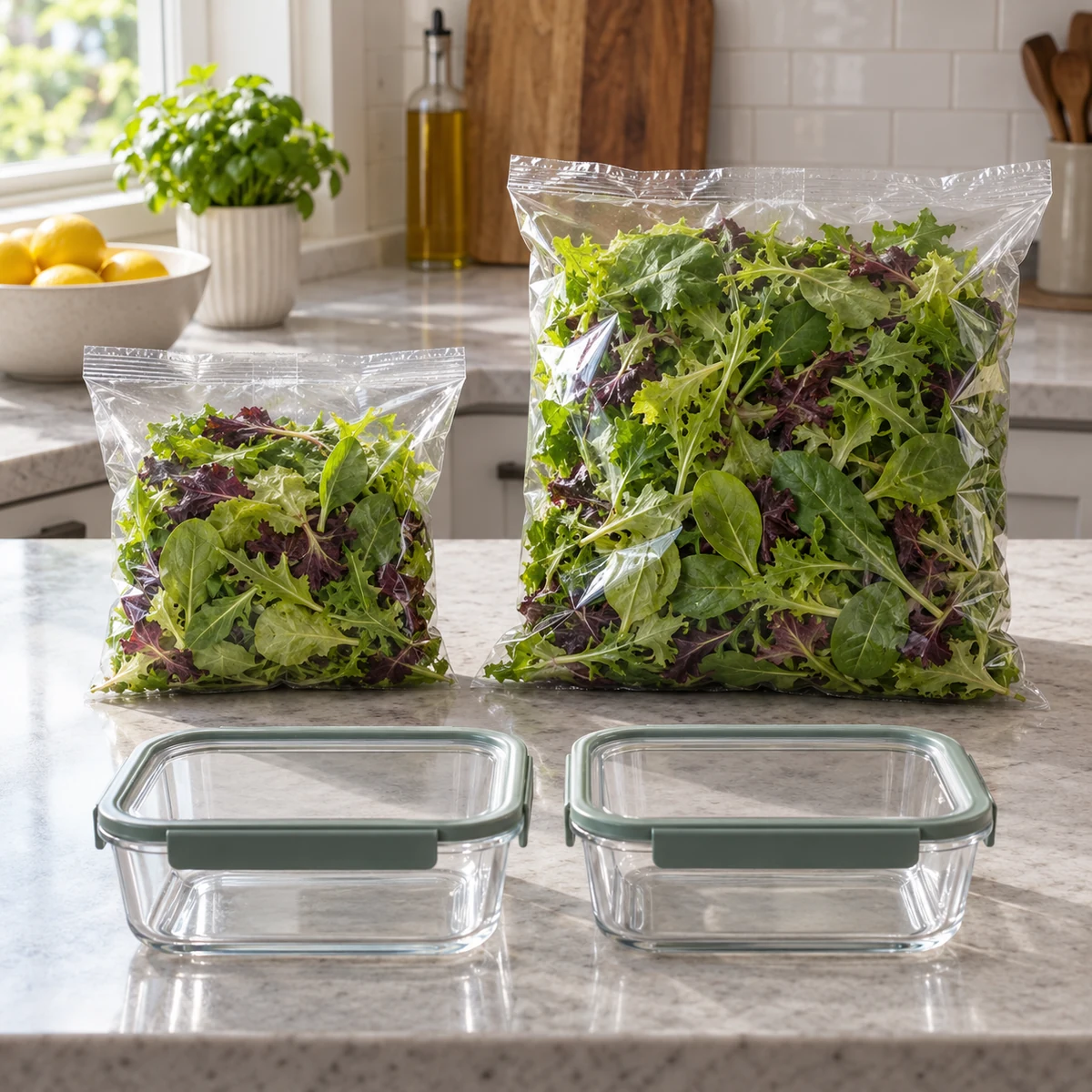 Small and large packages of fresh greens beside planned meal containers showing usable portions