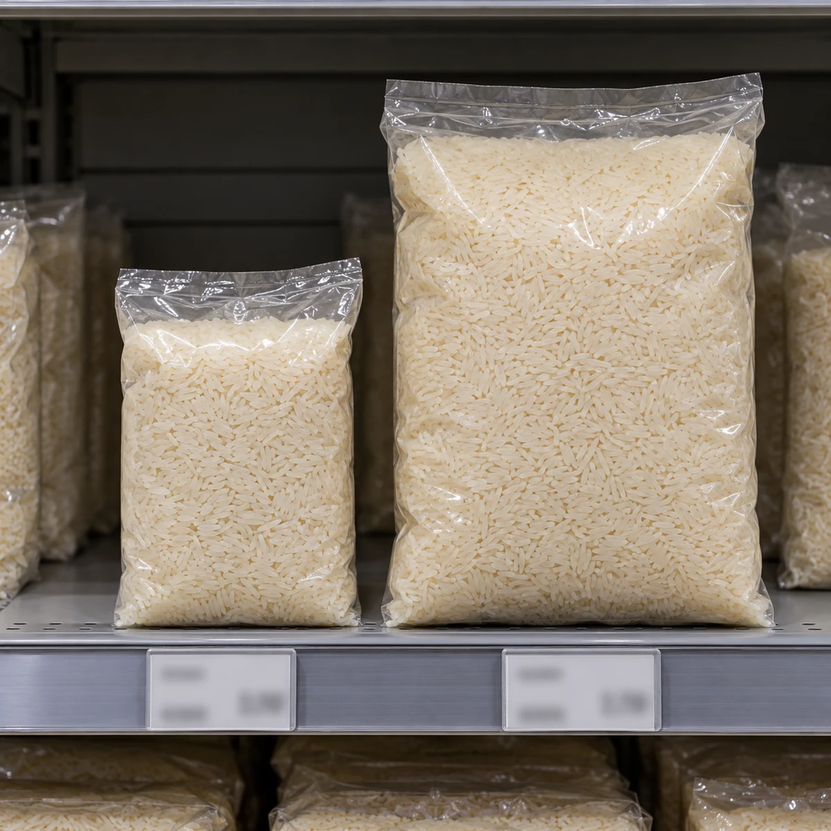 Two differently sized packages of the same pantry staple on a grocery shelf with price labels out of focus