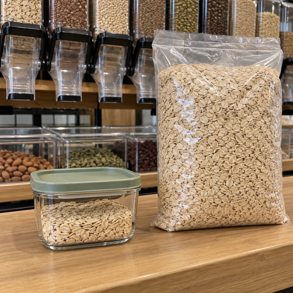 Shopper's modest amount of loose dry pantry goods beside an oversized sealed package