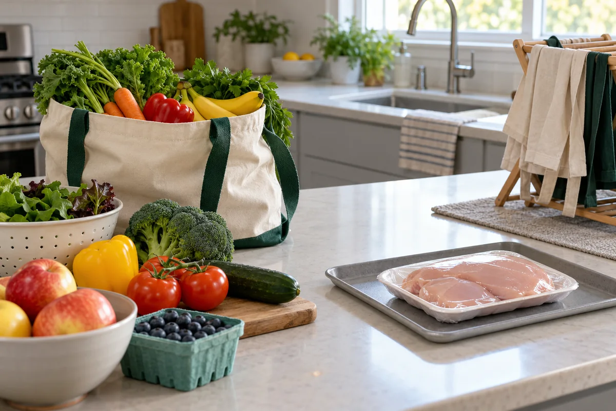 Reusable grocery tote with produce kept apart from sealed raw poultry during unpacking