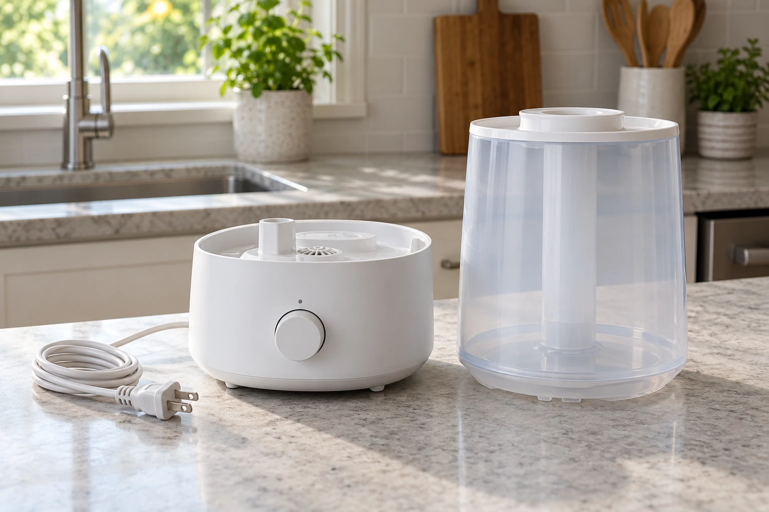 Unplugged portable humidifier with its empty removable tank standing on a solid counter