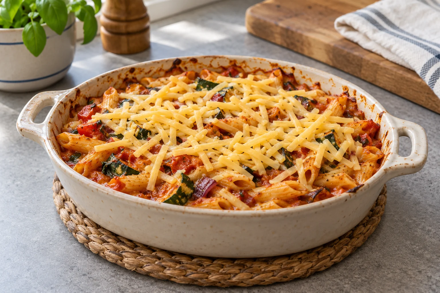 Grated cheese scattered over a small cooked vegetable pasta bake in an oven-safe dish on a supported counter