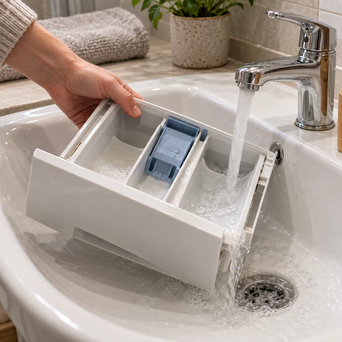 Removable washing-machine detergent drawer being rinsed by hand at a sink