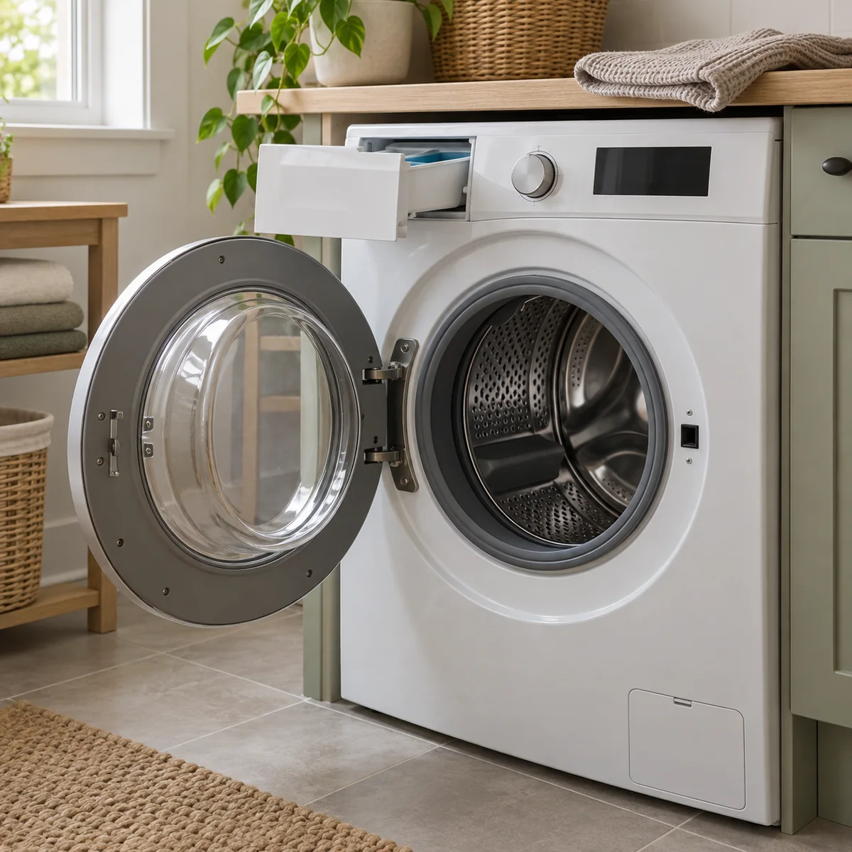 Clean empty front-load washer with door and detergent drawer slightly open for drying