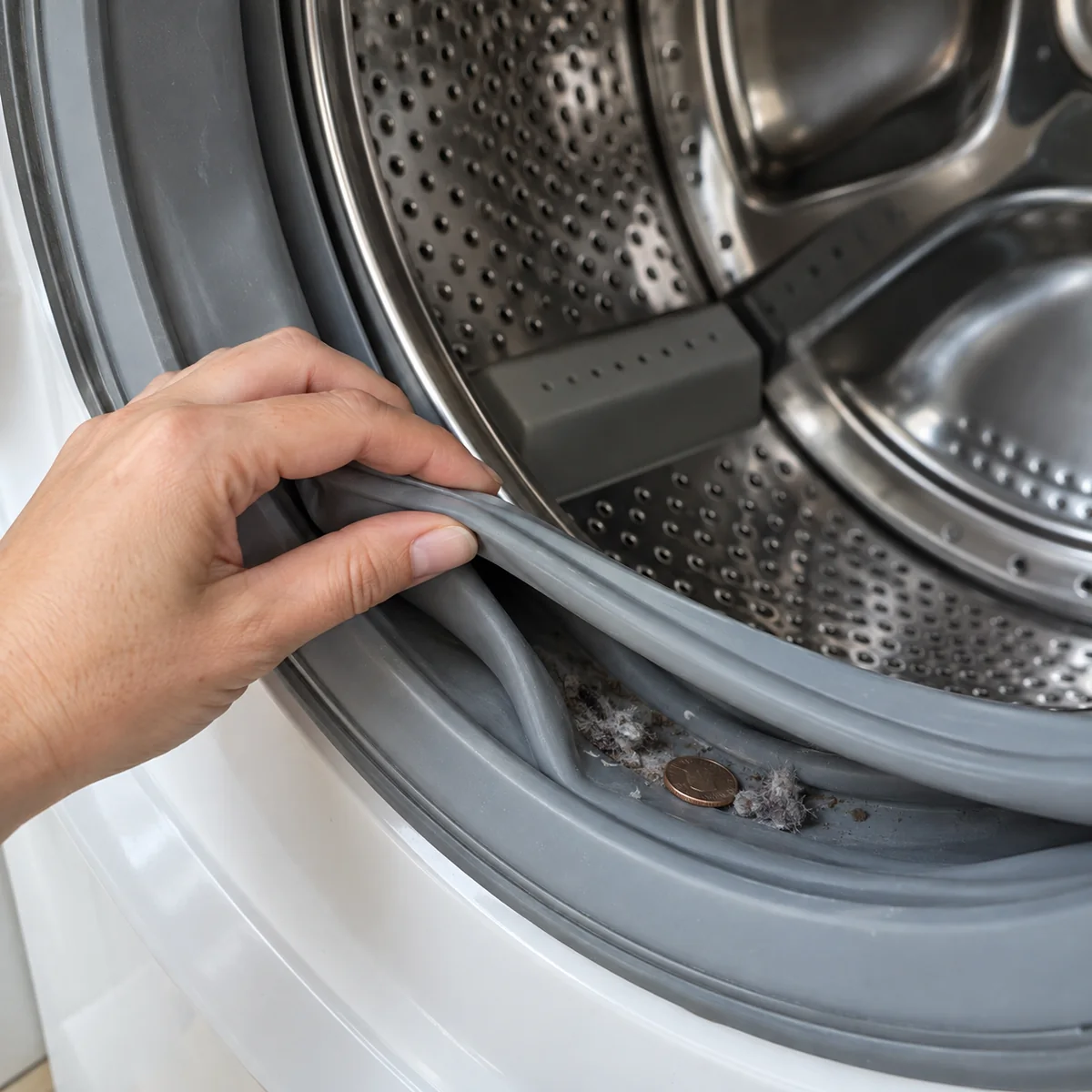 Hand gently lifting the accessible fold of a front-load washer door gasket to check for debris