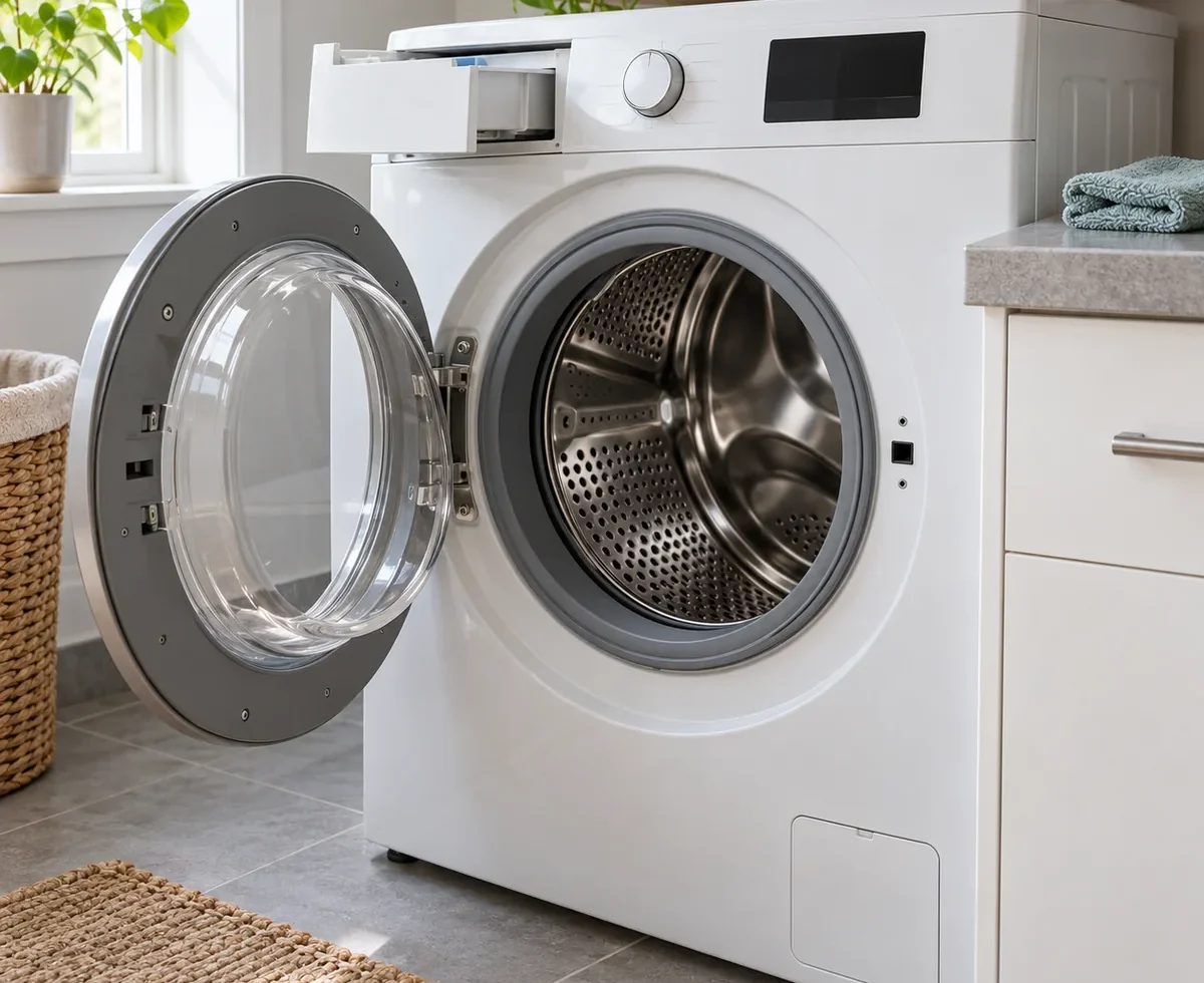 Open front-load washing machine with an empty drum and detergent drawer