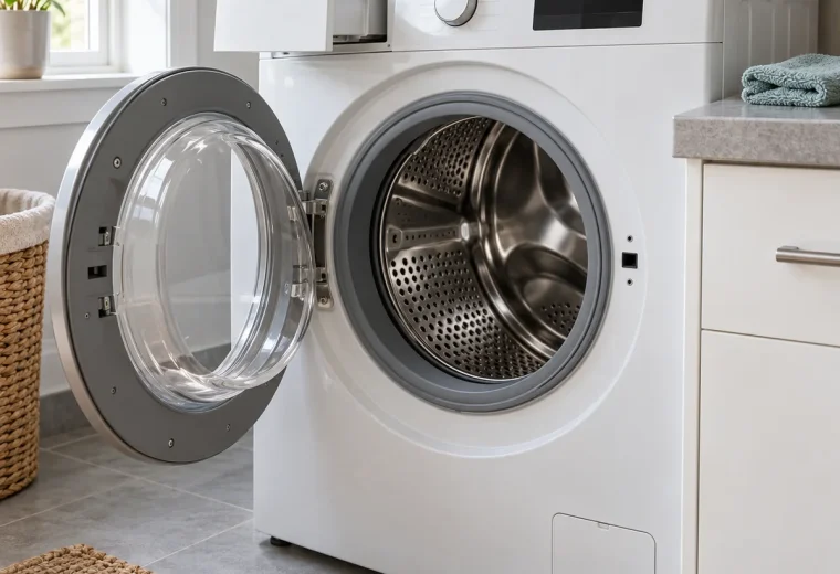 Open front-load washing machine with an empty drum and detergent drawer