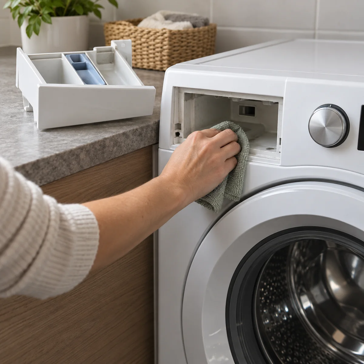 Accessible detergent-drawer housing of a front-load washer being wiped with a reusable cloth