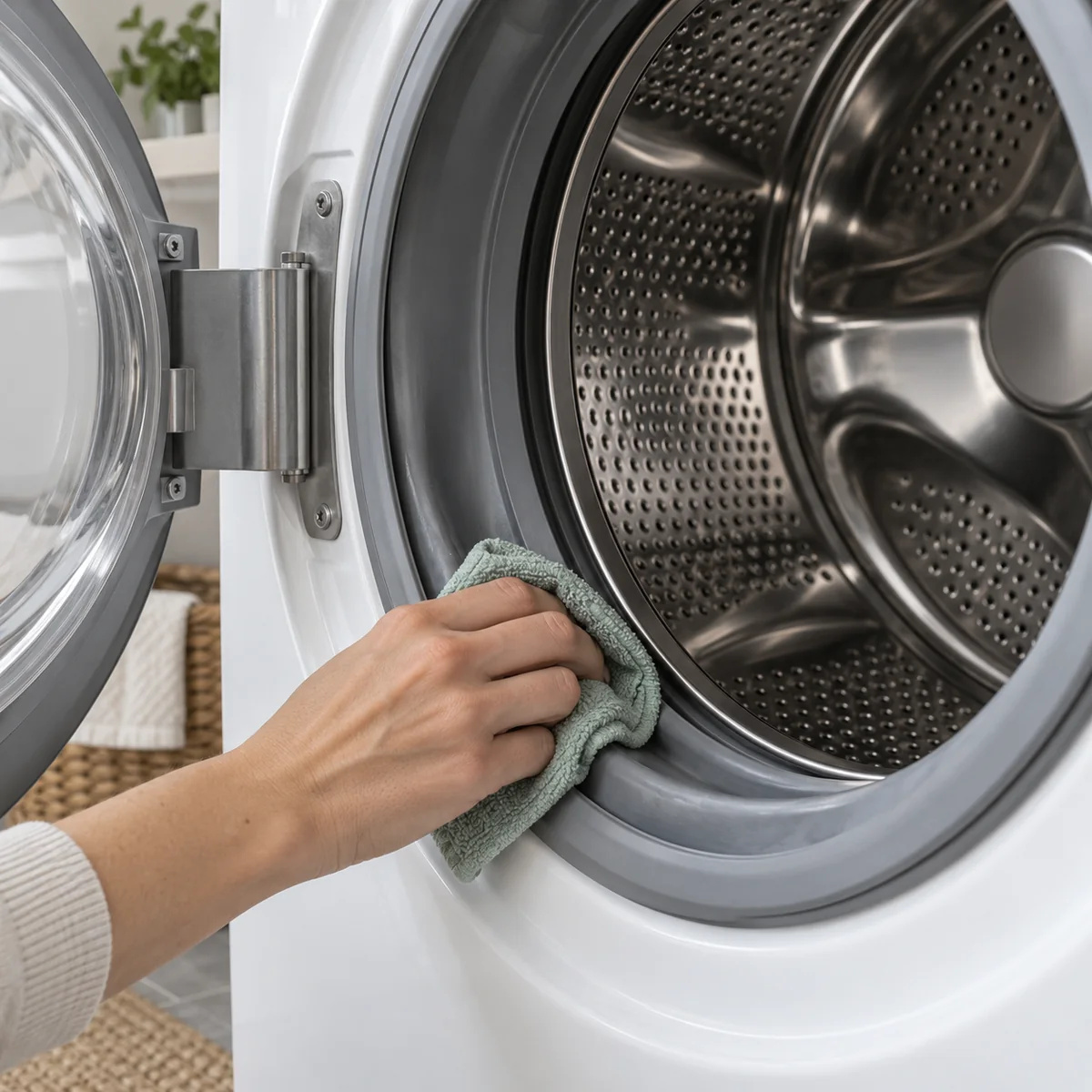 Reusable cloth wiping the accessible rubber seal of an open front-load washing machine